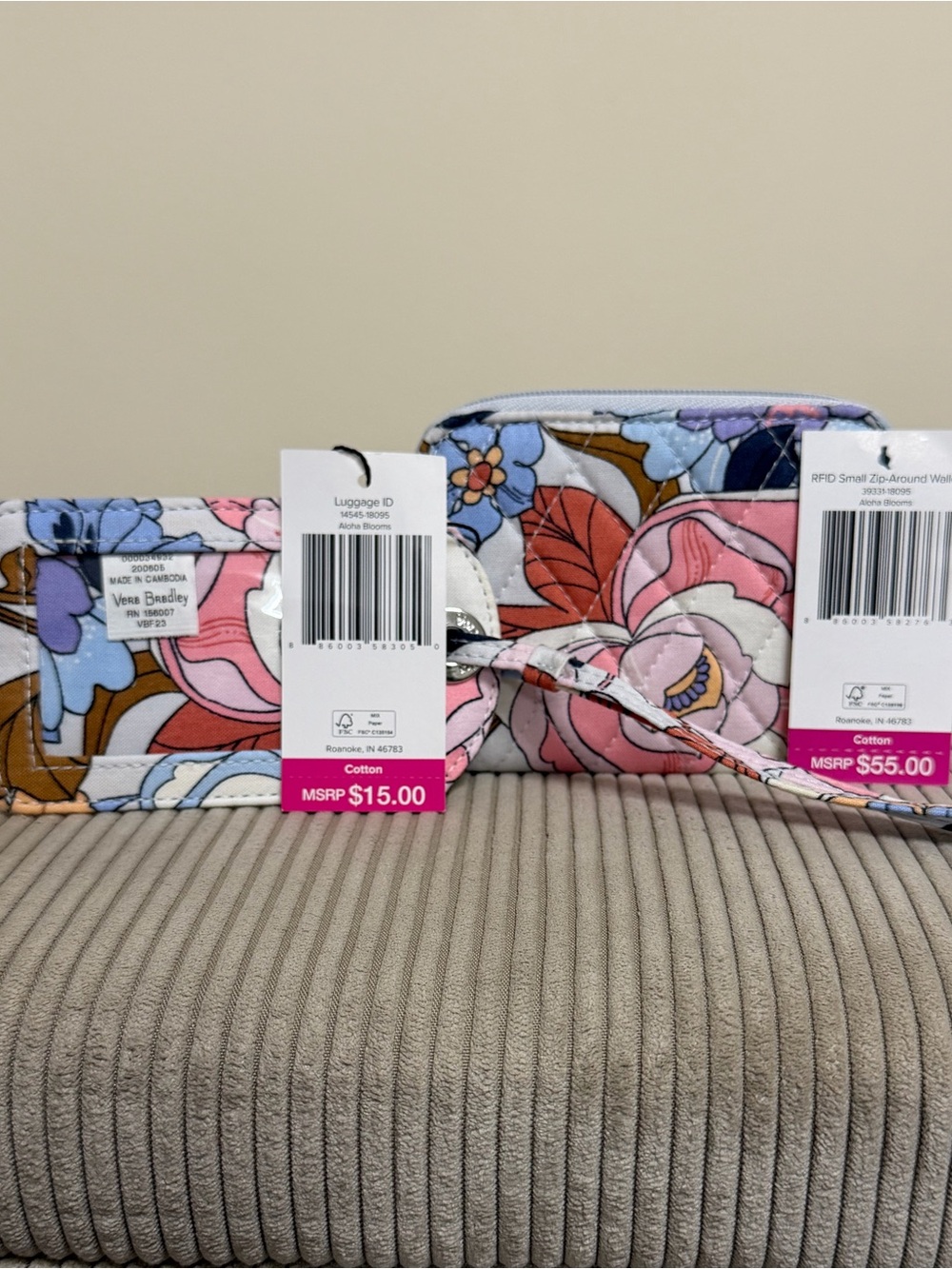NWT Vera Bradley Cotton RFID Zip-Around Wallet & Luggage ID Set - Aloha Blooms
